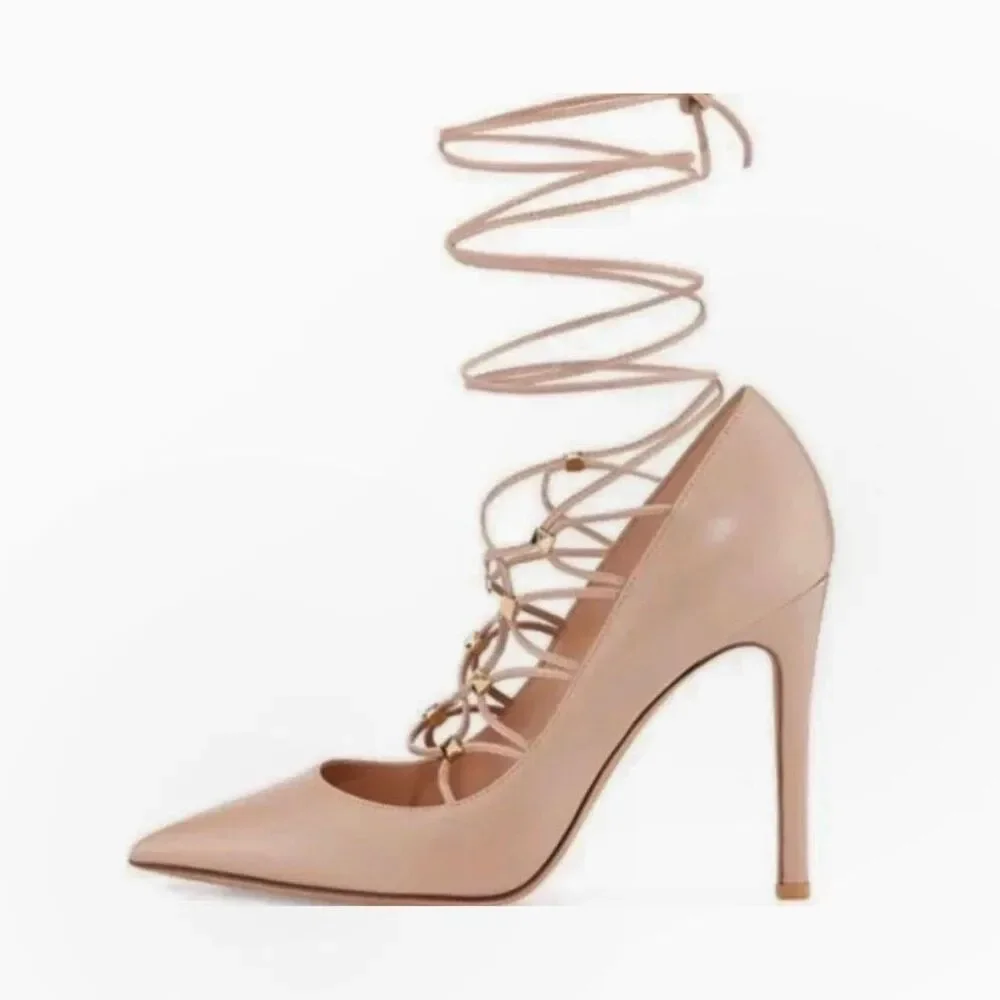 VALENTINO Rockstud Ankle Tie Wrap Strap Heels Size 40 Pointed Toe Leather Pumps